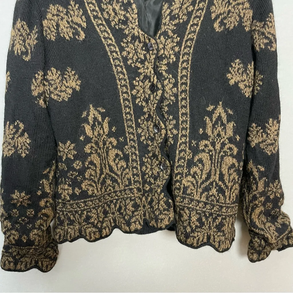 Peruvian Connection Cardigan Sweater Alpaca Black Brown Scalloped FLAWS Medium - Image 5