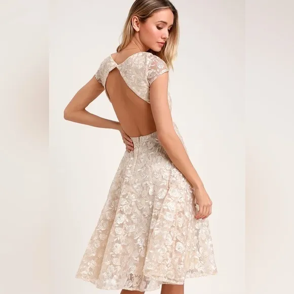 LULUS Jacqueline Champagne Floral Embroidered Backless Midi‎ Dress SIZE SMALL - Image 2