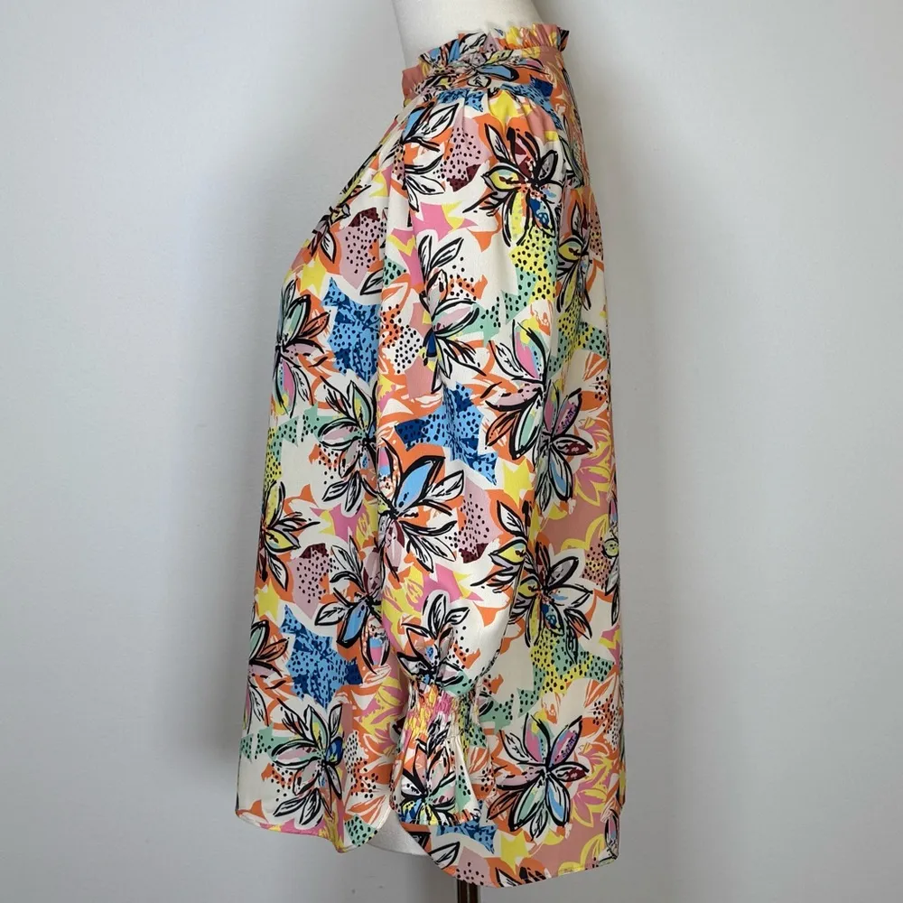 JADE | Melody Tam Colorful Floral 3/4 Sleeve Split Neck Blouse Women’s Size XS Blue - Image 4