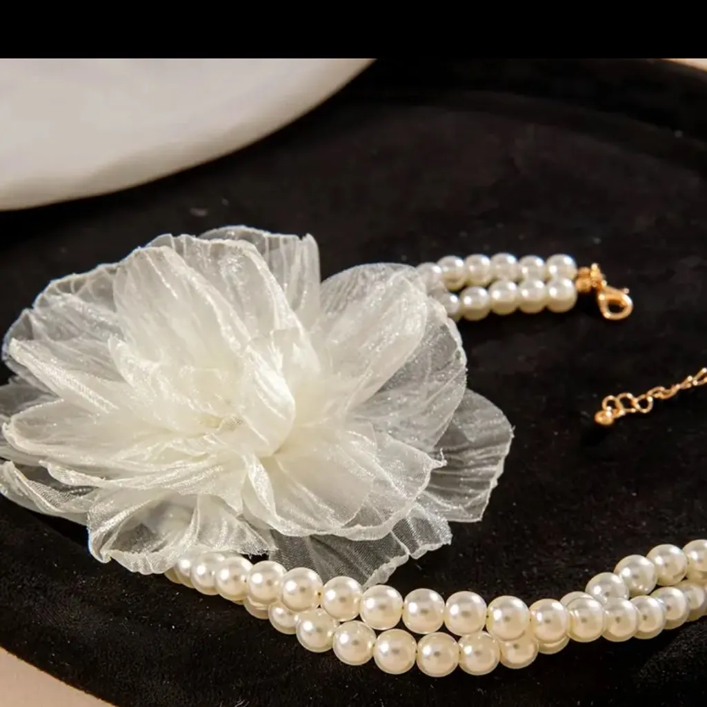 Elegant Cream sheer lace flower on pearl choker. New White Size undefined - Image 7