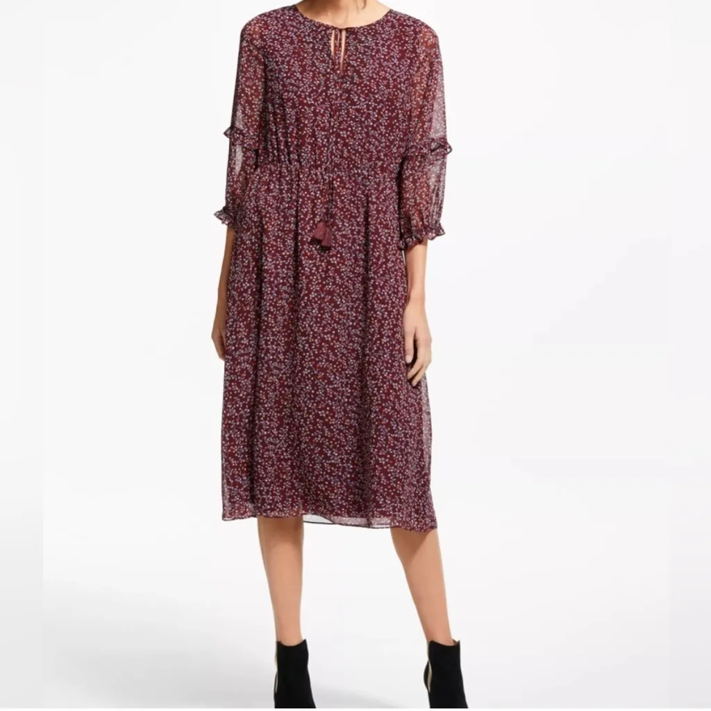 Boden Iona Midi Dress. Disty Floral Maroon with sheer sleeves. Woman size 6R Red - Image 5