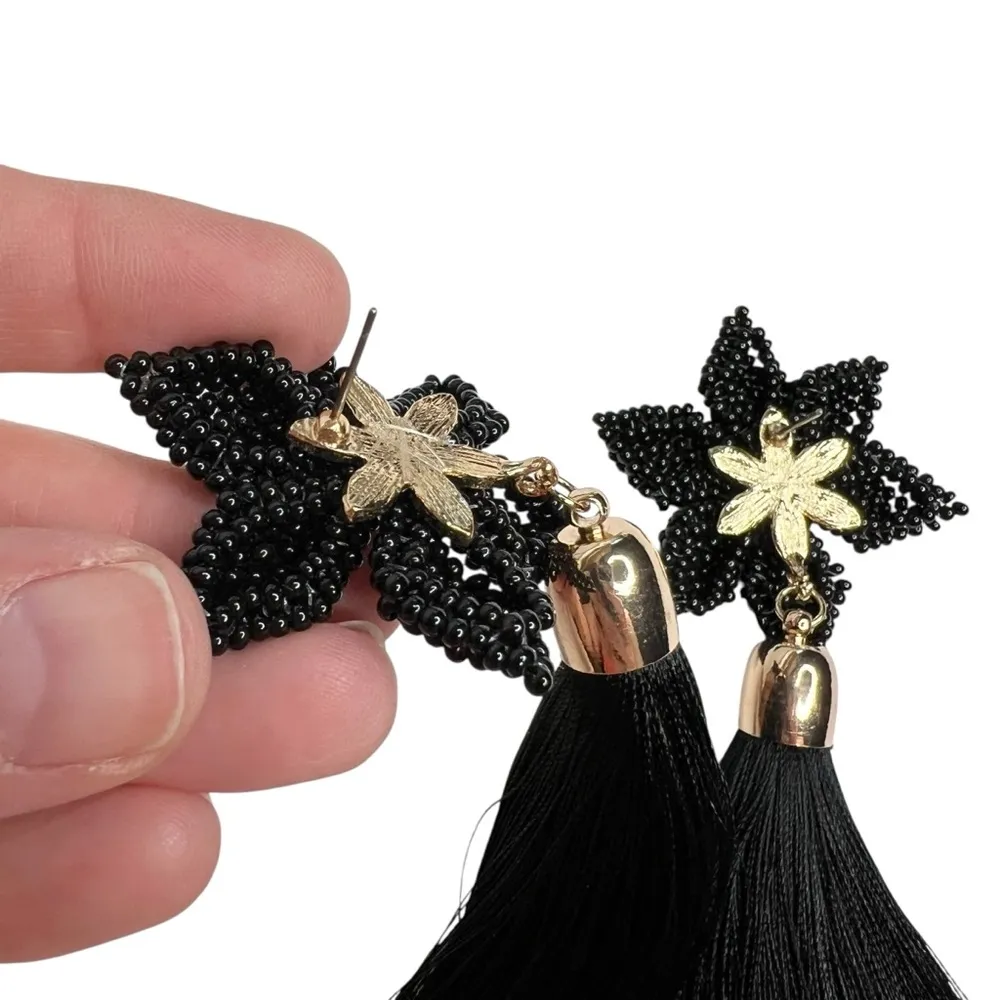 New Black Flower Seed Beaded Tassel Dangle Statement Earrings - Image 5