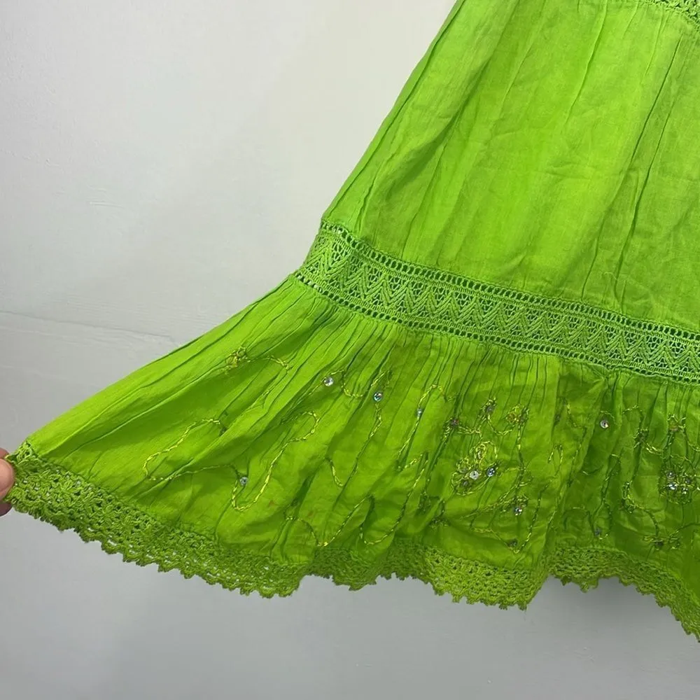 KommotionNY Boho Pull On Tiered embellished Crochet detailed green skirt Large - Image 5