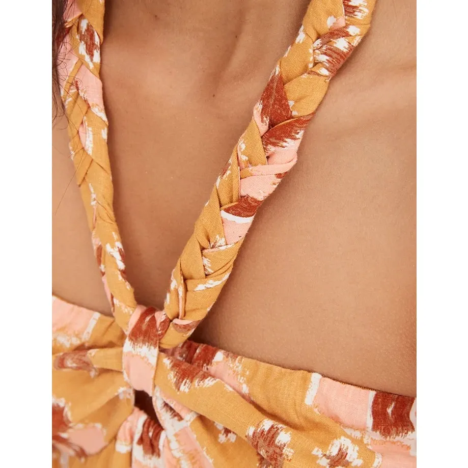 NWT Aerie High Low Halter Maxi Sundress Mustard Yellow Batik Linen Size XL - Image 4