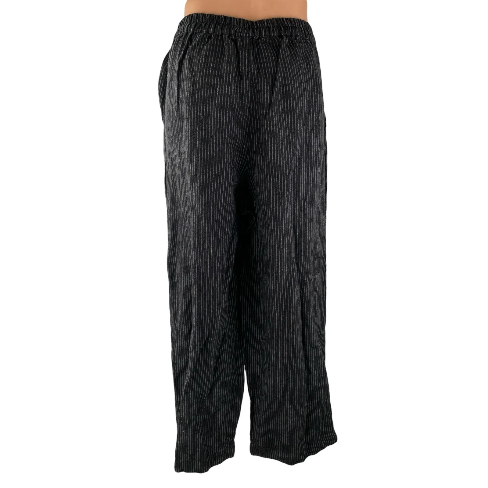 Gudrun Sjödén 100% Linen Black Striped High Rise Wide Leg Trousers Dress Pants L Size L - Image 2