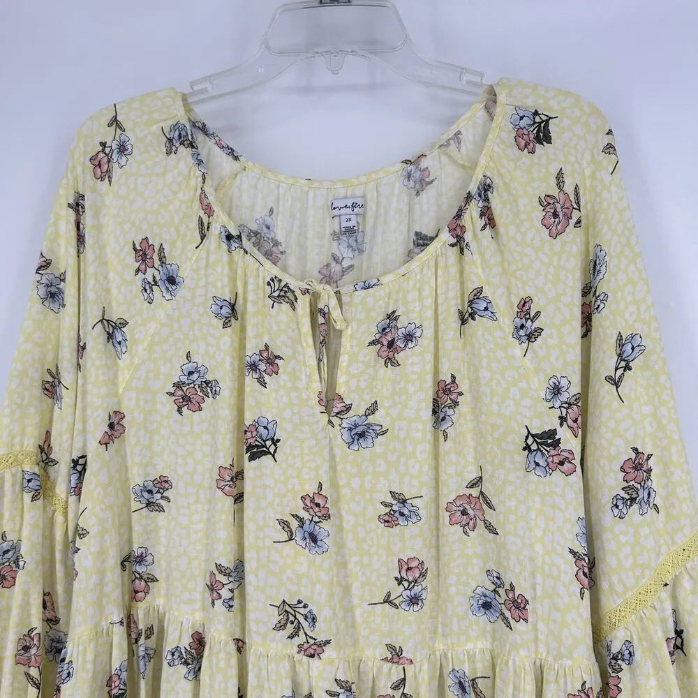 Love Fire Yellow Floral Tiered Mini Dress Boho Crochet Balloon Sleeves Size 2X - Image 2