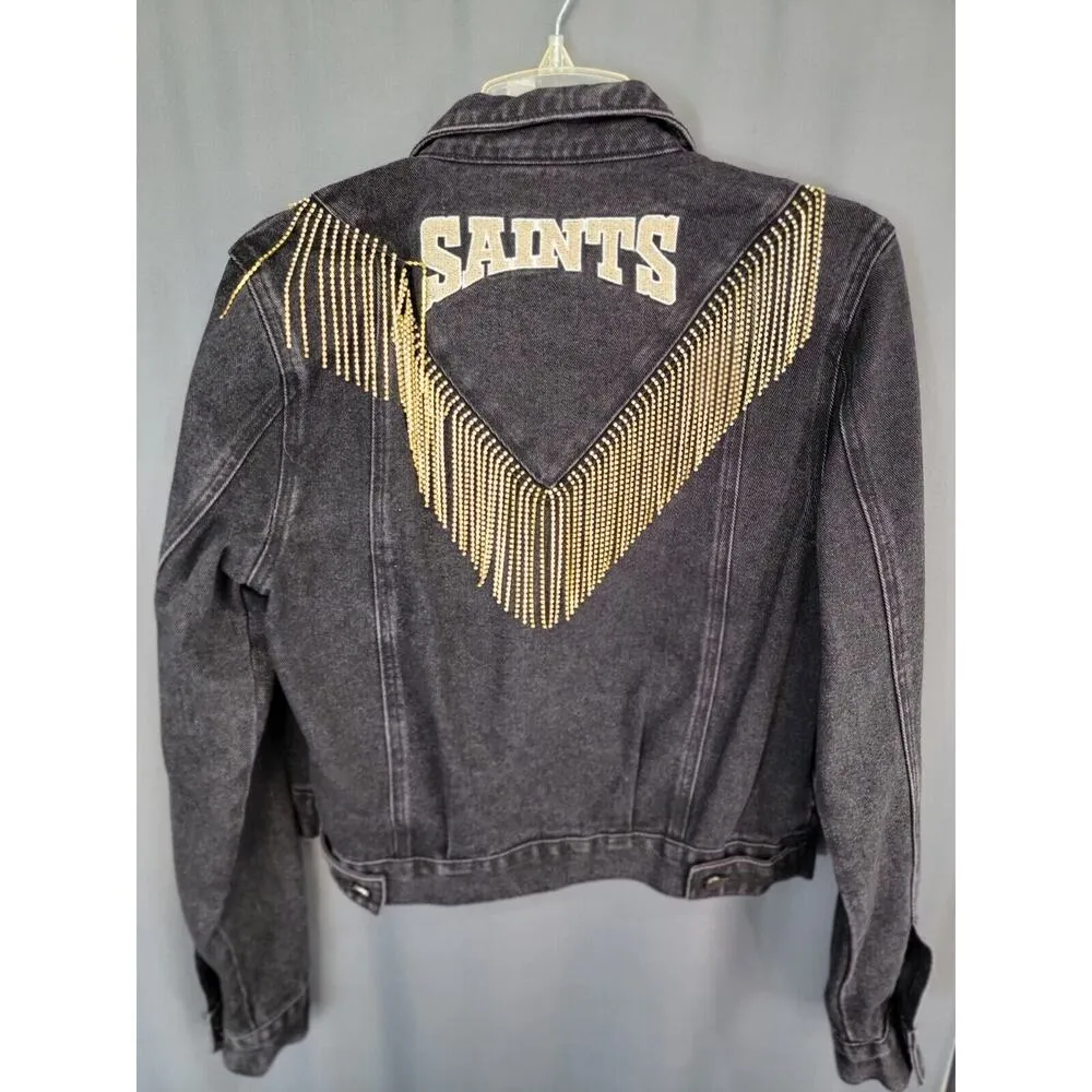 Western New Orleans Saints Jean Jacket Coat Denim Fringe Boho Embellish A12 Black Size M - Image 15
