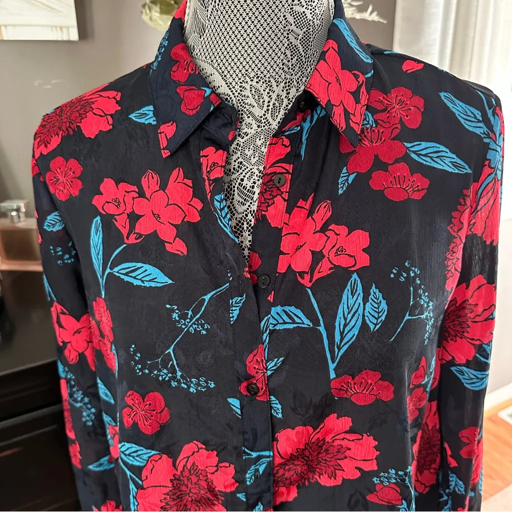 Zara Z1975 Semi-Sheer Maximalist Black Red Blue Bold Floral Blouse Size M - Image 5