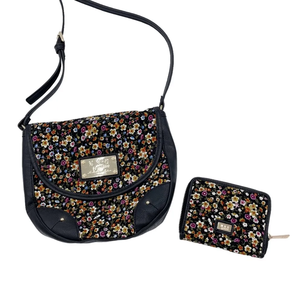 MNG By Mango Black Ditsy Floral Corduroy Shoulder Bag & Wallet Retro 90s Grunge - Image 2