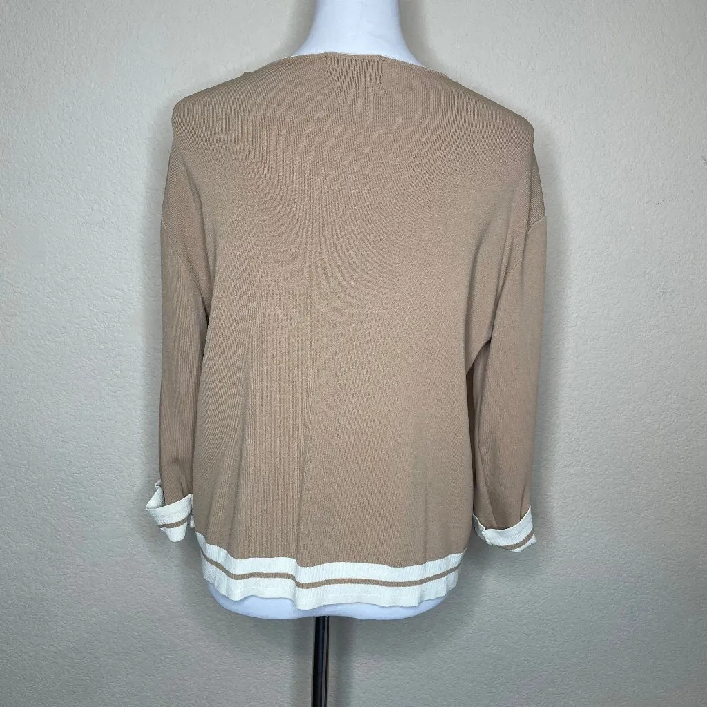 FINITY Tan Contrast Trim Cardigan XL Slinky Knit Single Button Old Money Chic - Image 4