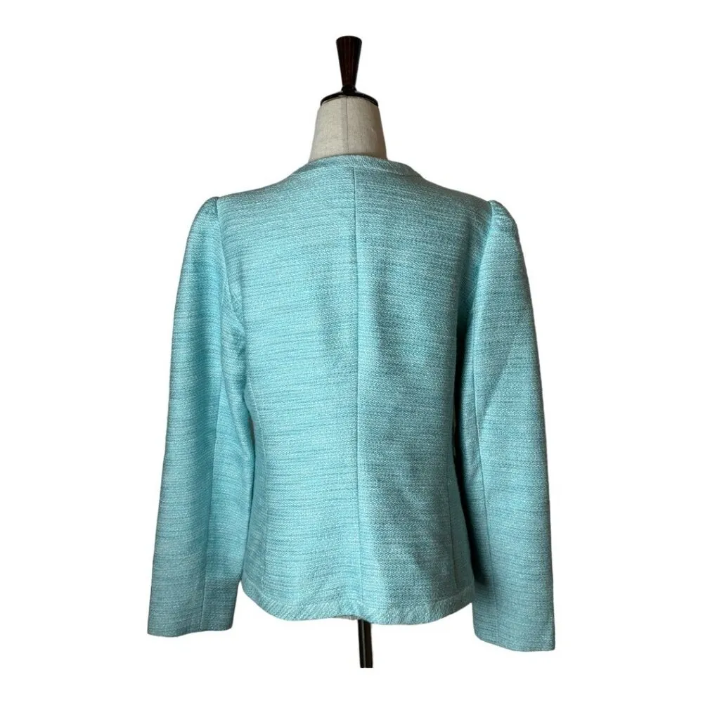 Talbots Blue Shimmer Crew Neck Snap Button Front‎ Puff Sleeve Jacket Size 10 - Image 2