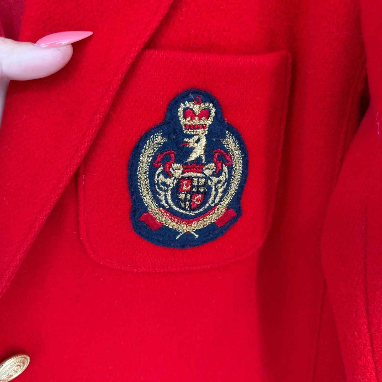 Vtg Lizsport Red Blazer Crest Gold Button Wool Blend 12 90s Holiday Festive - Image 3