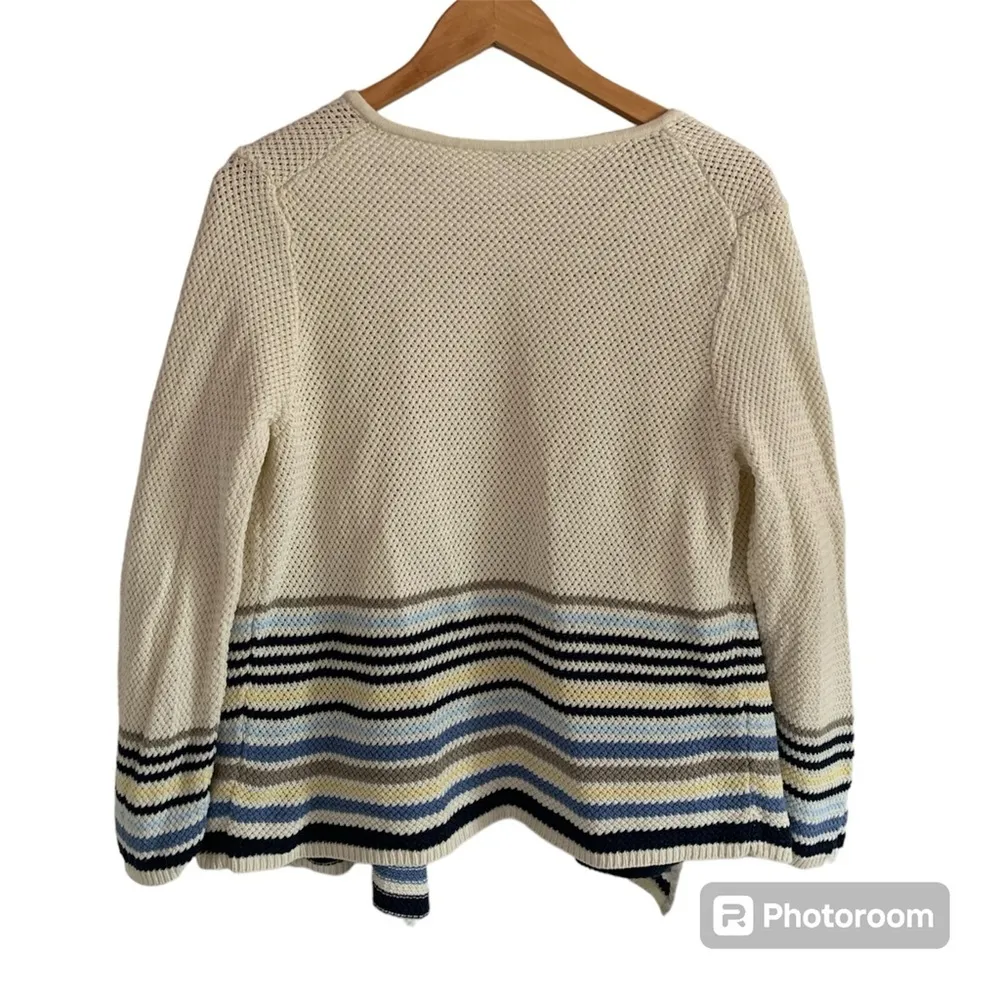 J. Jill Open Drape Knit Cardigan Cream/Multicolor Stripes Sweater EUC, L Petite - Image 2