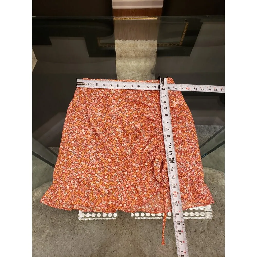 Moa Moa Straight & Pencil Skirt Womens Orange Floral Elastic Waist Ruffle Trim M - Image 10