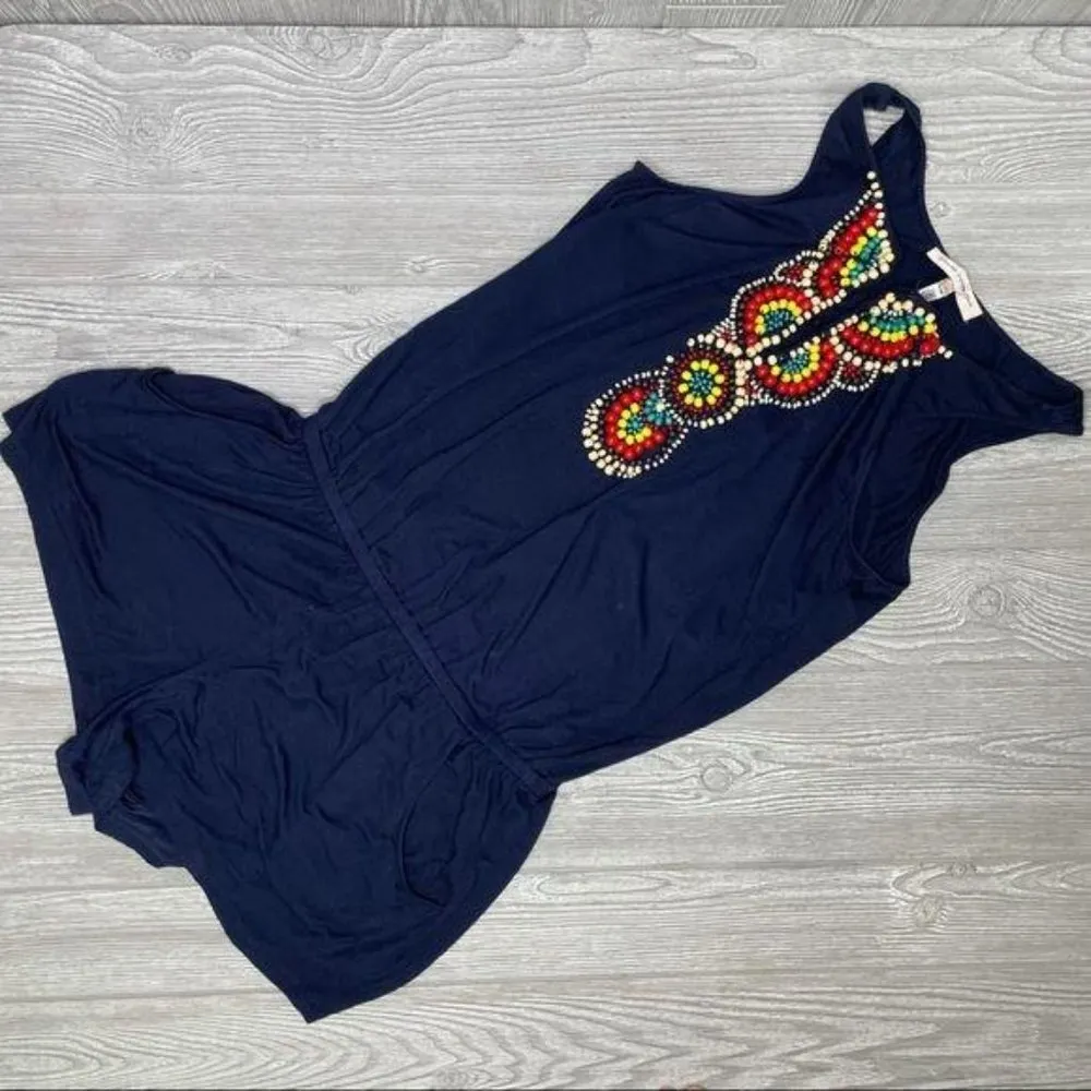 Nanette Lepore Beach House Beaded Romper cover up Indigo swimwear vacation large - Image 9