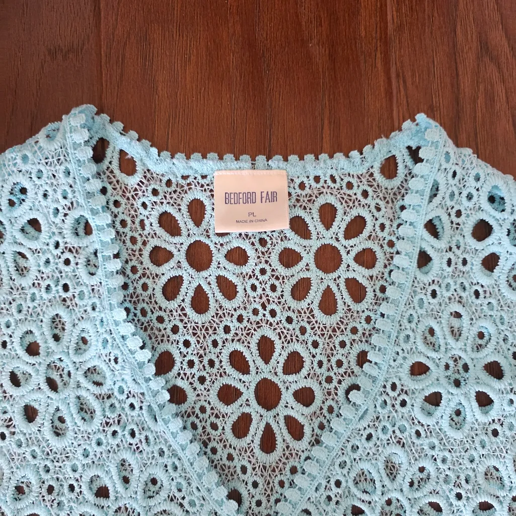 Blue Crochet Cardigan Lace Women's Size P Large Aqua Blue Cottagecore Coquette - Image 3