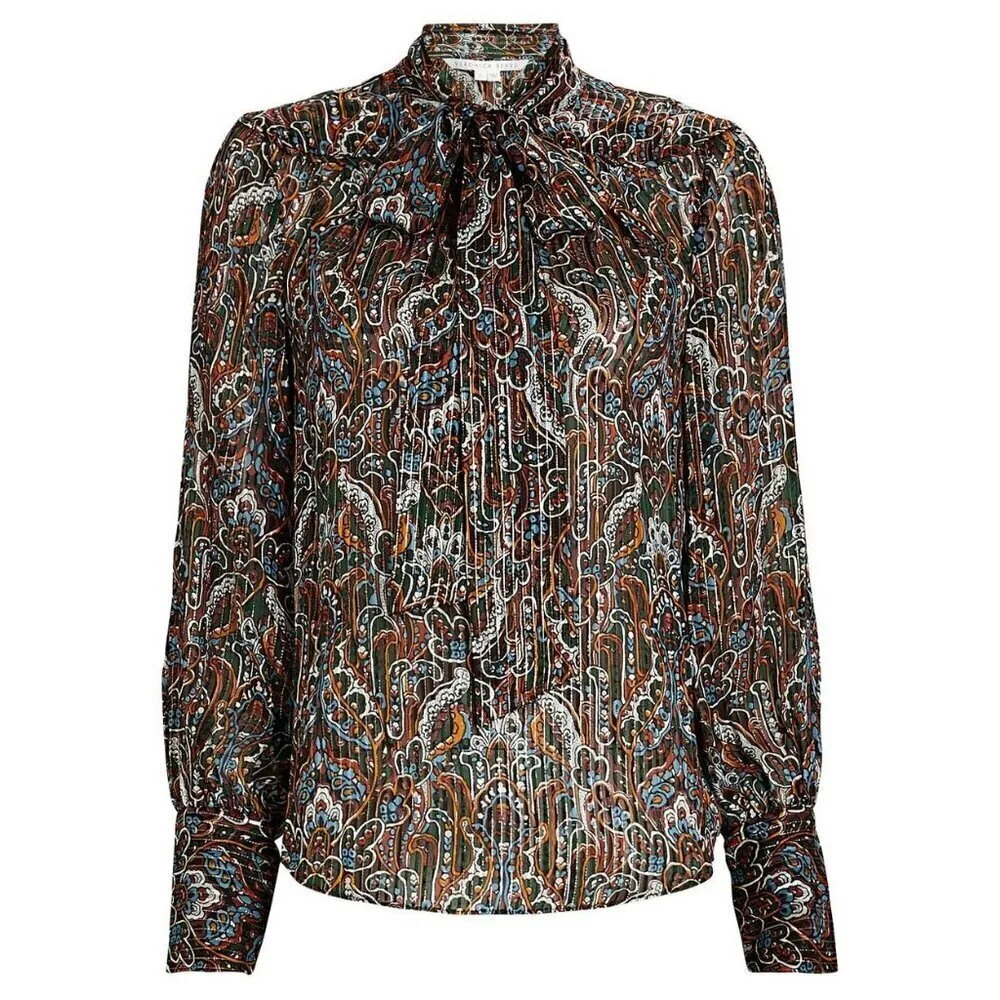 💕VERONICAL BEARD💕 Zaylee Tie-Bow Metallic Silk-Blend Blouse ~ Paisley Print 6 - Image 11