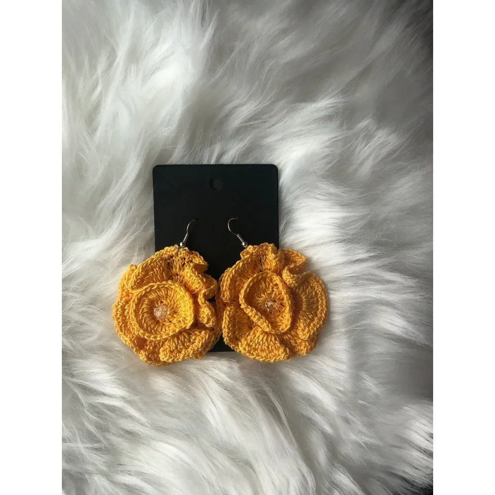 Brand New Handmade Crochet Earring Yellow Flower‎ Pattern 100% Cotton For Women - Image 2