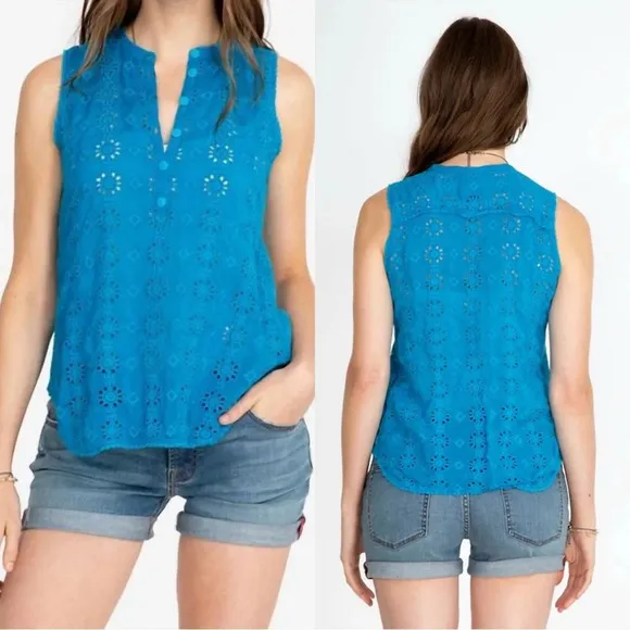 Johnny Was Laia Tank Top Half Button Eyelet Rayon In Natural Boho Size XS - Image 2