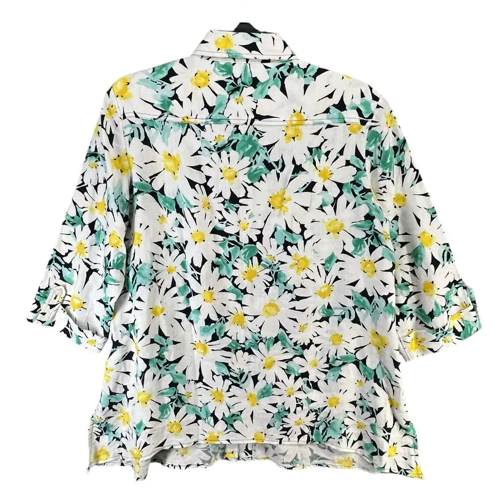 Jones New York Sport Blouse Women S White Green Floral Linen Top Coastal Grandma - Image 5