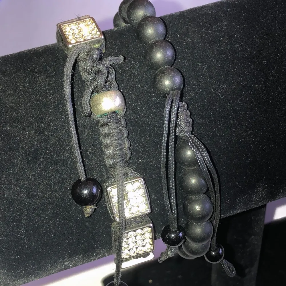 Black Shungite Beaded Silver Tone CZ Rhinestone Adjustable Boho Bracelets - Image 3