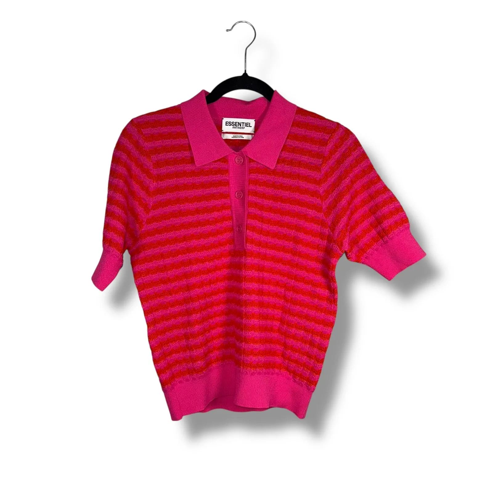ESSENTIEL ANTWERP Pink Red Stripe Knit Polo Shirt Cropped Short Sleeve Women's M Size M - Image 2