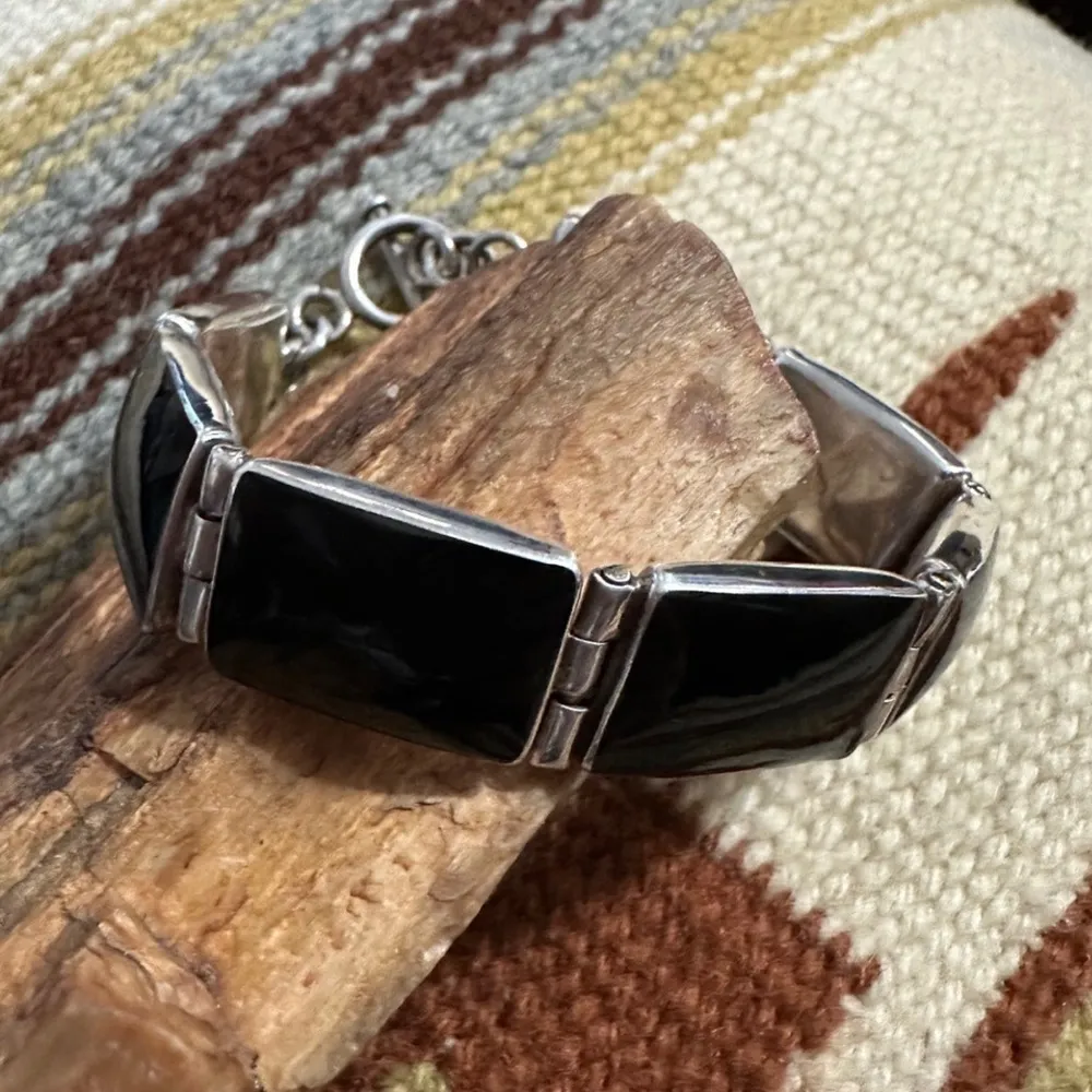 TAXCO Sterling Silver Onyx Cabochon Linked Toggle Bracelet - Image 8