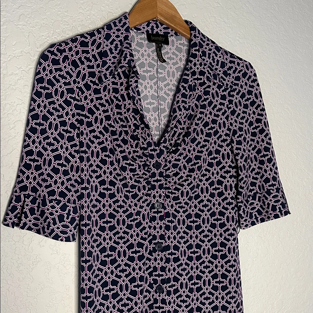 Laundry Shelli Segal Geo Shirt Dress Navy White Casual Brunch Stretch Size 8 - Image 2