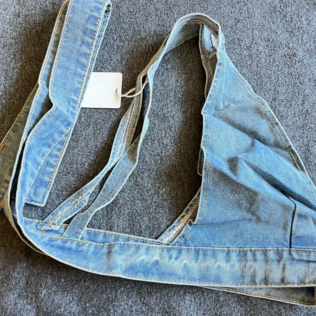 Deep V Neck‎ Tie Back Denim Tank Top Women Fashion Sexy Backless Sleeveless Blue Size L - Image 3