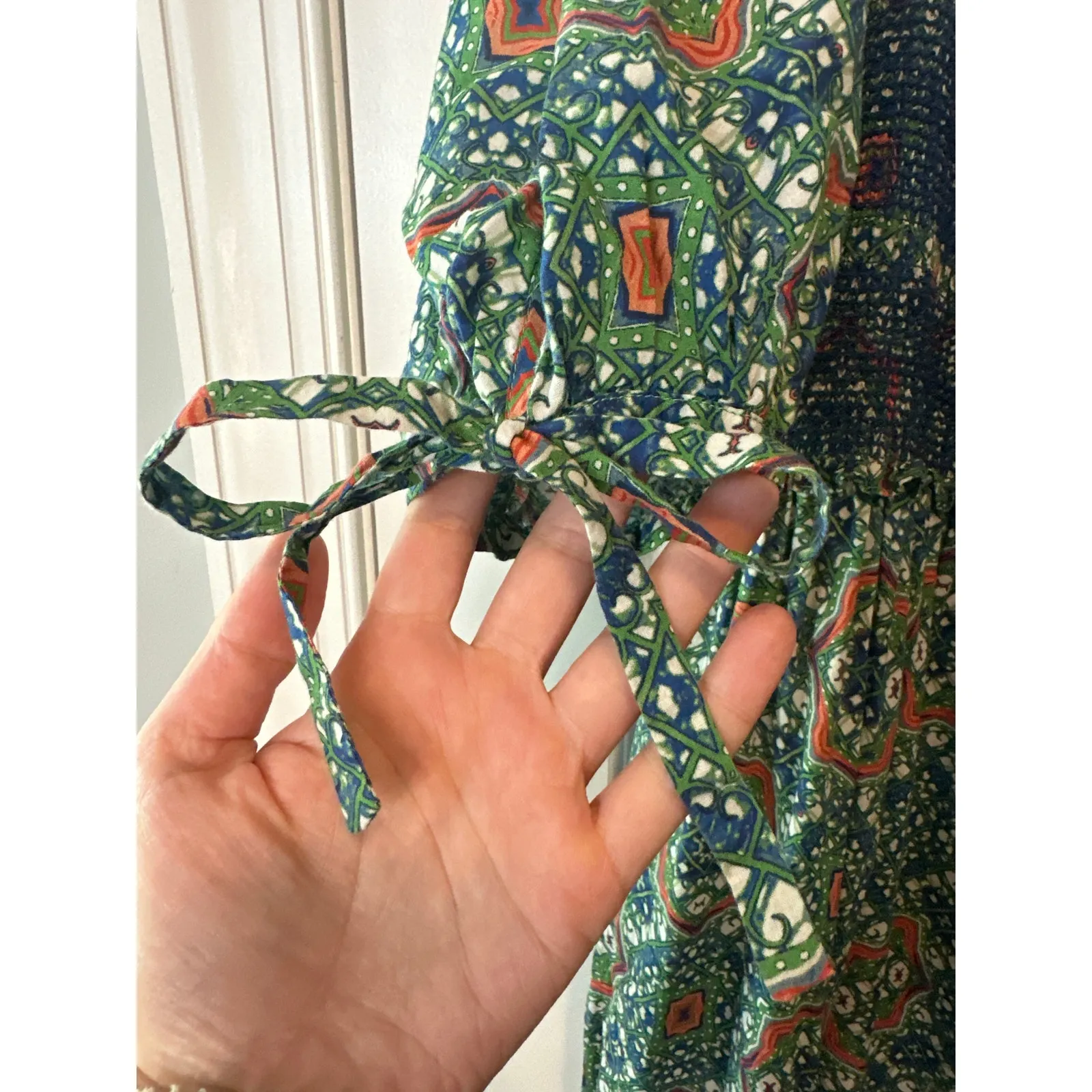 Cara Cara Moroccan Tile Teal Jazzy Midi Dress Size Large Boho Smocked Dress Blue - Image 7