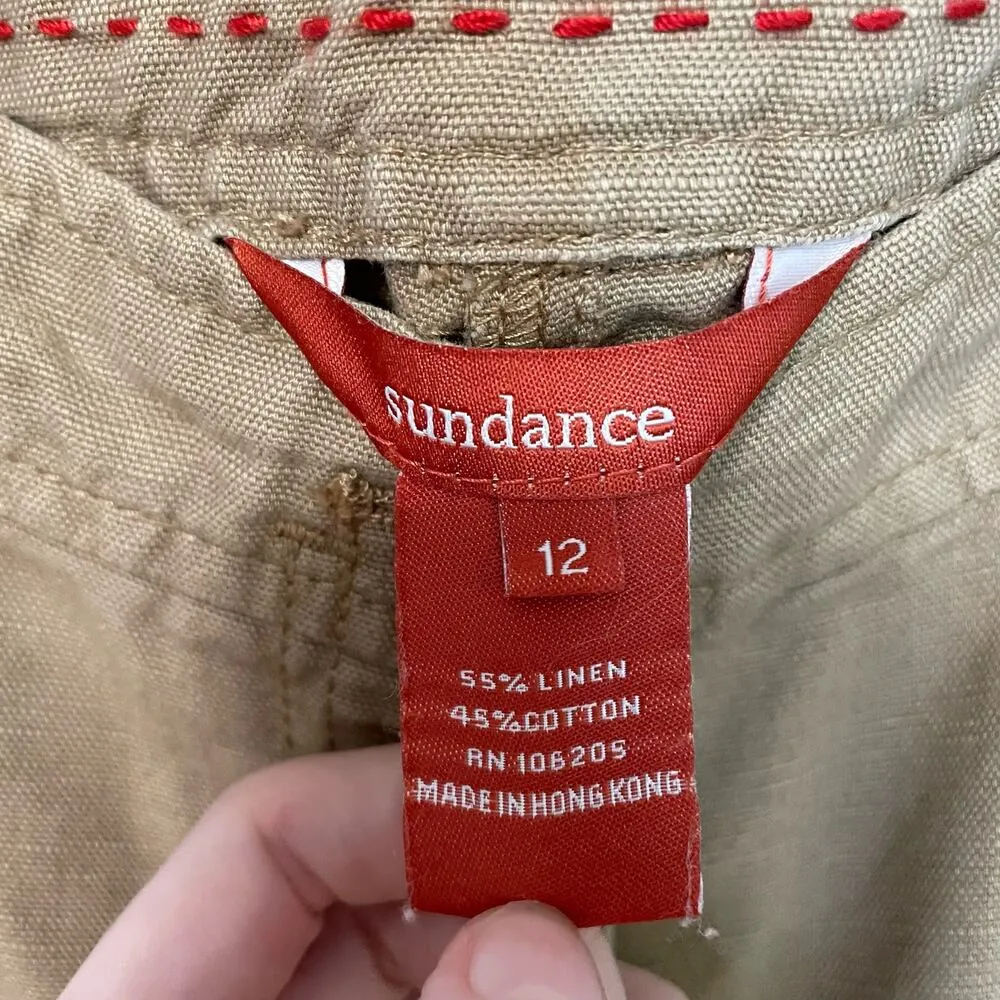 Sundance Tan Wide Leg Pants 12 Womens Cropped Cargo Pockets Linen Cotton Career Brown - Image 8