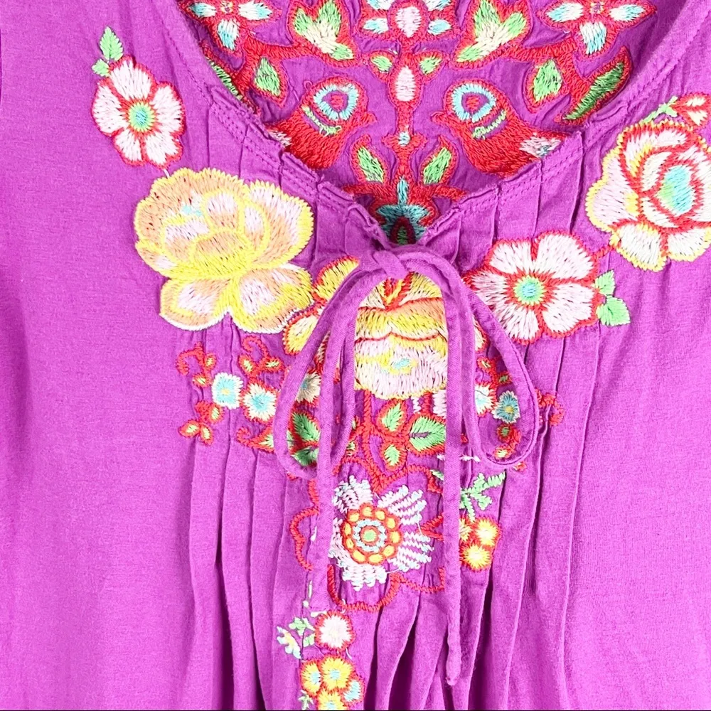 JOHNNY WAS Fuchsia Floral Embroidered Jersey Knit V-Neck Pockets Tunic Top XS - Image 10
