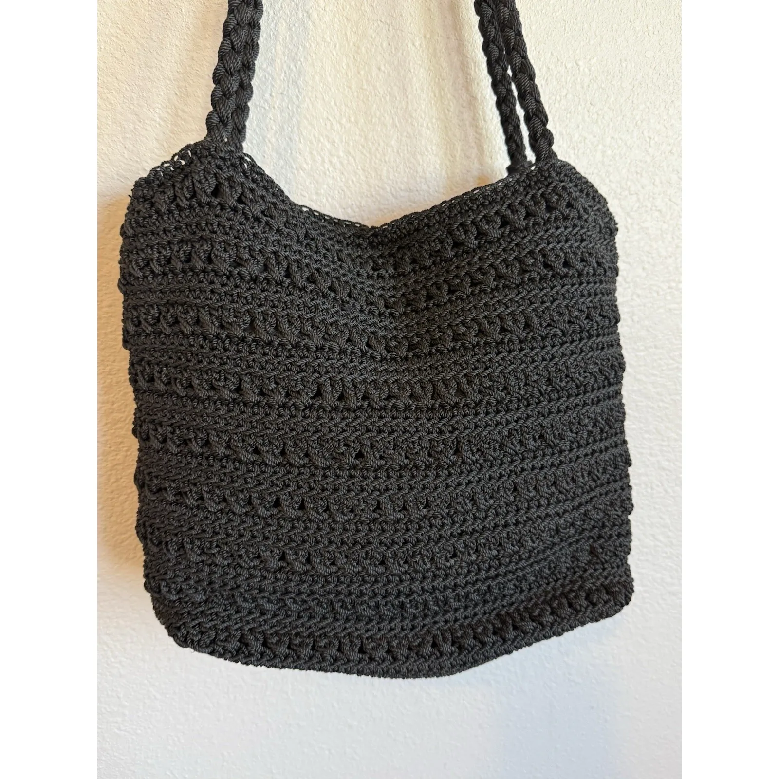 The Sak Black Crochet Woven Women's Shoulder Bag Purse Zip Closure Bag Charm - Image 2