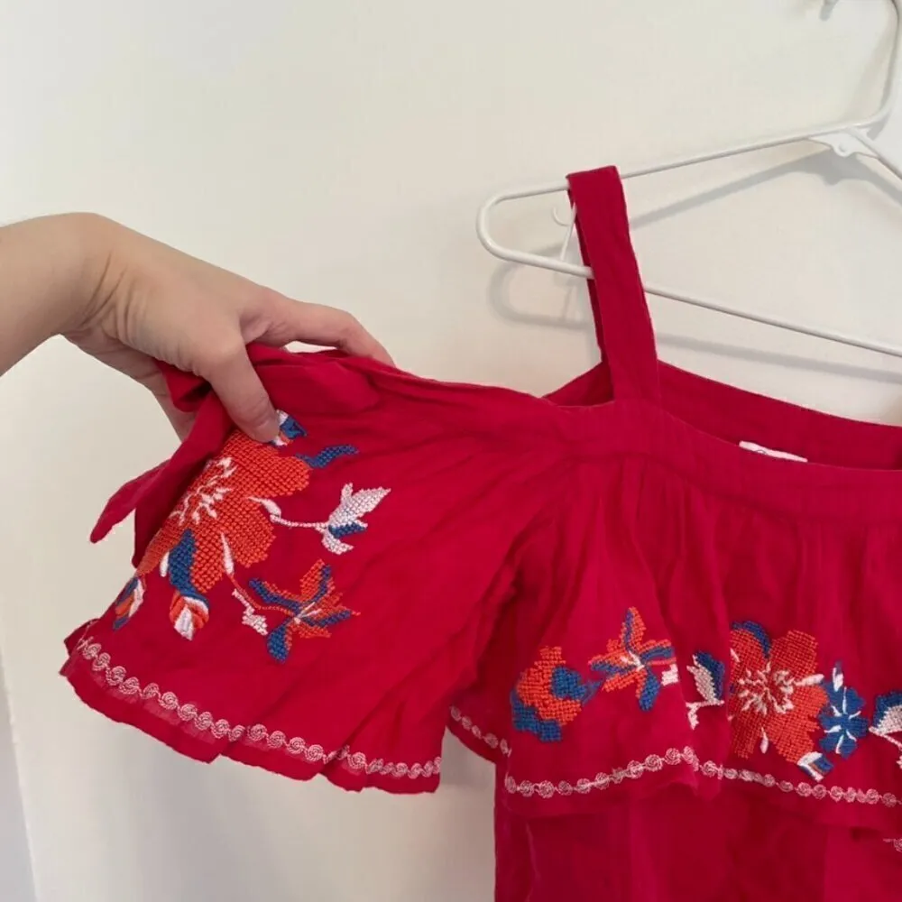 PARKER Beach Magenta Floral Embroidered Embroidery Cold Shoulder Cotton Blouse - Image 5