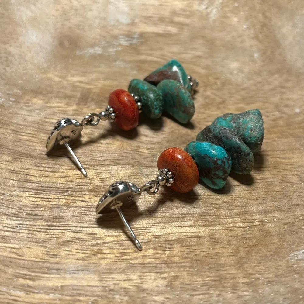 Turquoise & Coral Stone 925 Sterling Silver Dangle Earrings - Image 6