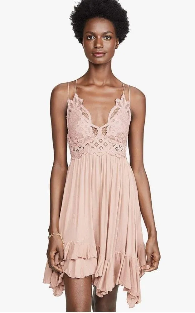 NEW! FREE PEOPLE Adella Slip Dress ROSE Pink Lace Spaghetti Strap Ruffle SMALL - Image 17