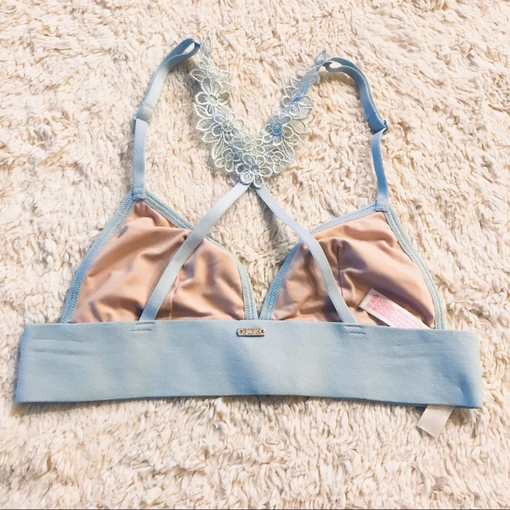 VS PINK Blue Daisy Lace Triangle Racerback Bralette Size XS - Image 5