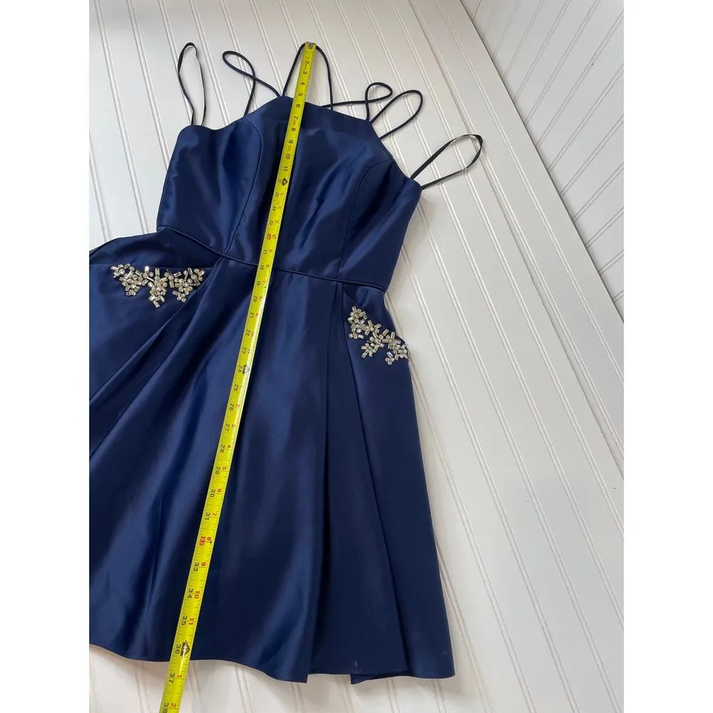 Blondie Nites Blue Satin Jeweled Embellished Strappy Cocktail Dress Juniors Sz S - Image 6