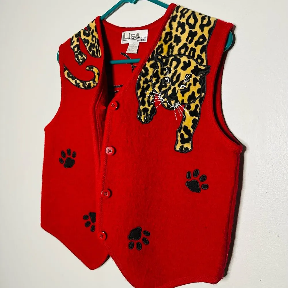 Lisa International 100% Boiled Wool Red Leopard Design Vest Size Petite Small - Image 11