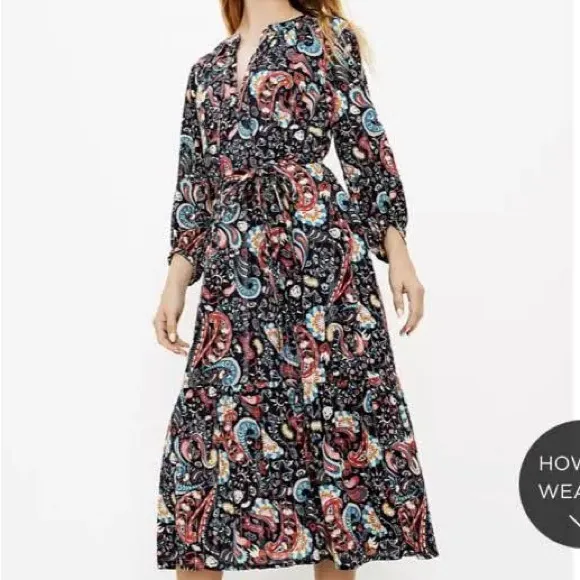 LOFT Shimmer Paisley Tie Neck Midi Dress size Medium NWT - Image 2