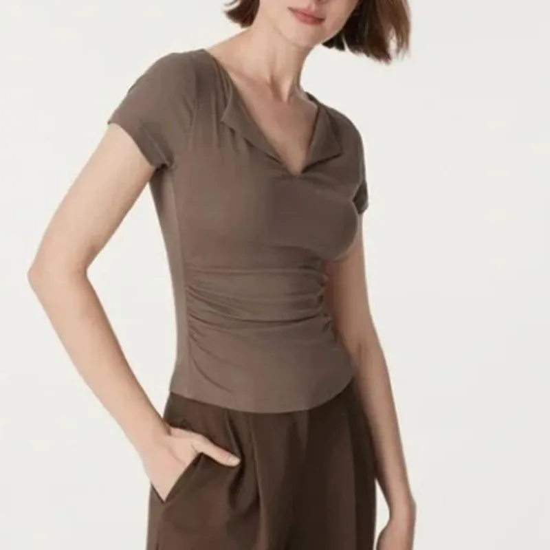 NWT OGL Sz S Ribbed Short Sleeve Notch Brami Tee Iced Mocha Brown Ruched Top - Image 3