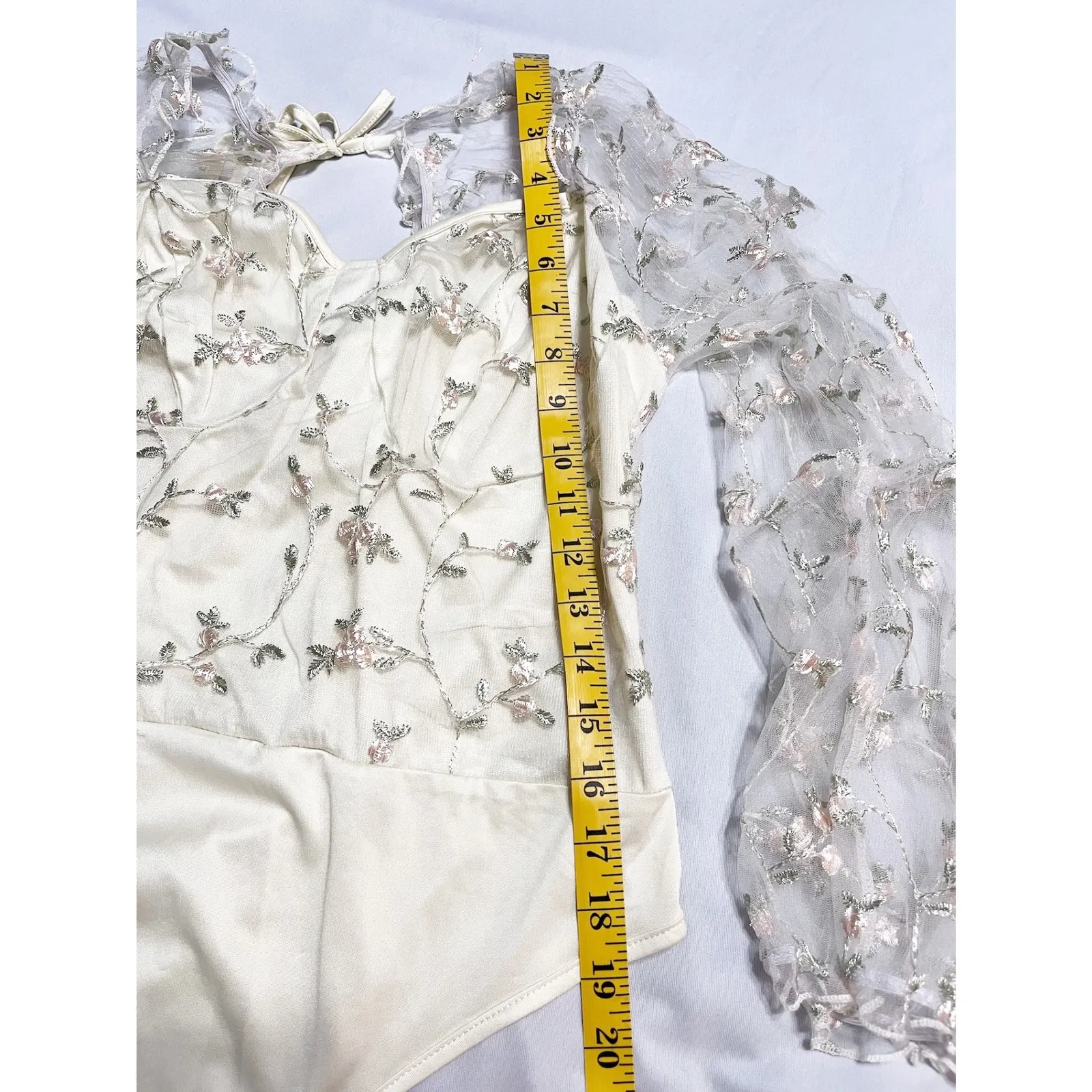 Shein Curve 1XL Fairycore Cream Floral Embroidered Mesh Sleeve Bodysuit Tie Back - Image 10