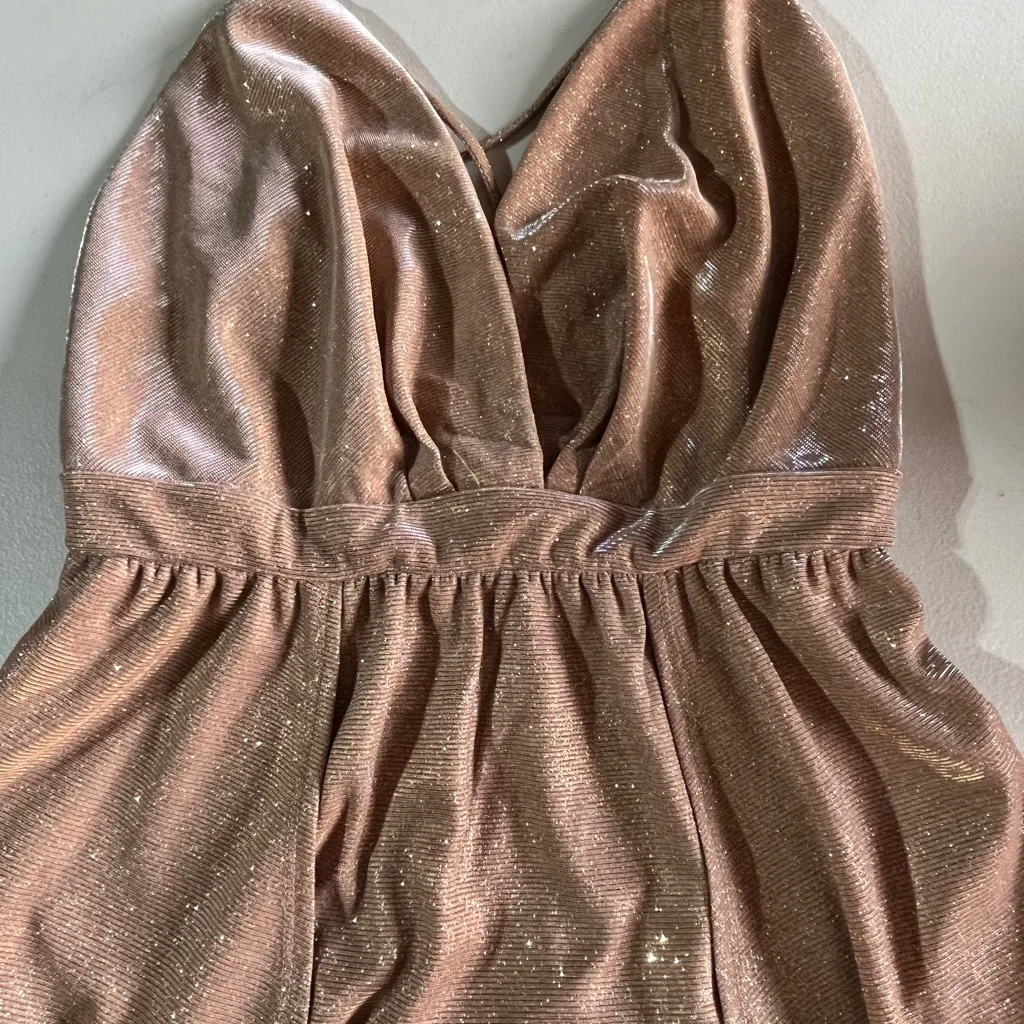 SYMPHONY WOMEN LONG ROSE GOLD FORMAL GLITTER DRESS WITH CRISS CROSS SPRAPS SZ LG - Image 3