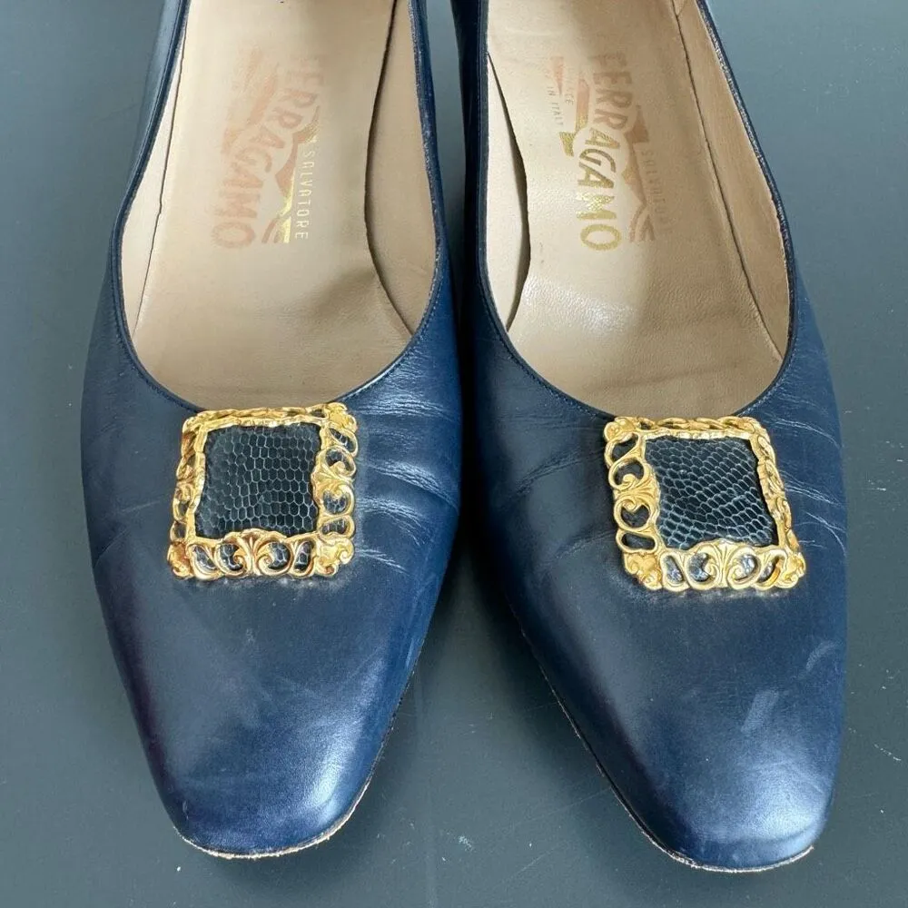 Vintage Salvatore Ferragamo Pumps Heel Leather Navy Blue Size 8 B Career Office - Image 3
