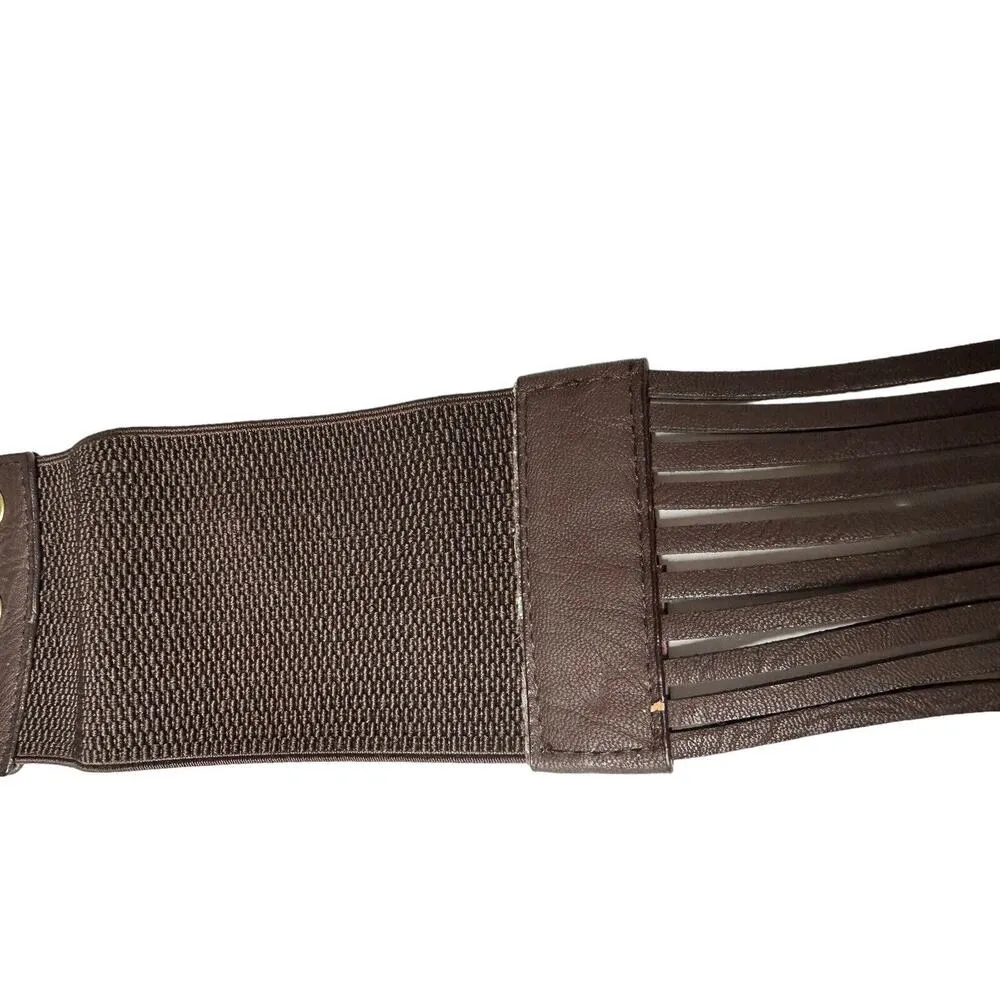 Vintage ANGIE Wide Brown Beaded Faux Leather Elastic Stretch Snap Closure Belt - Image 4