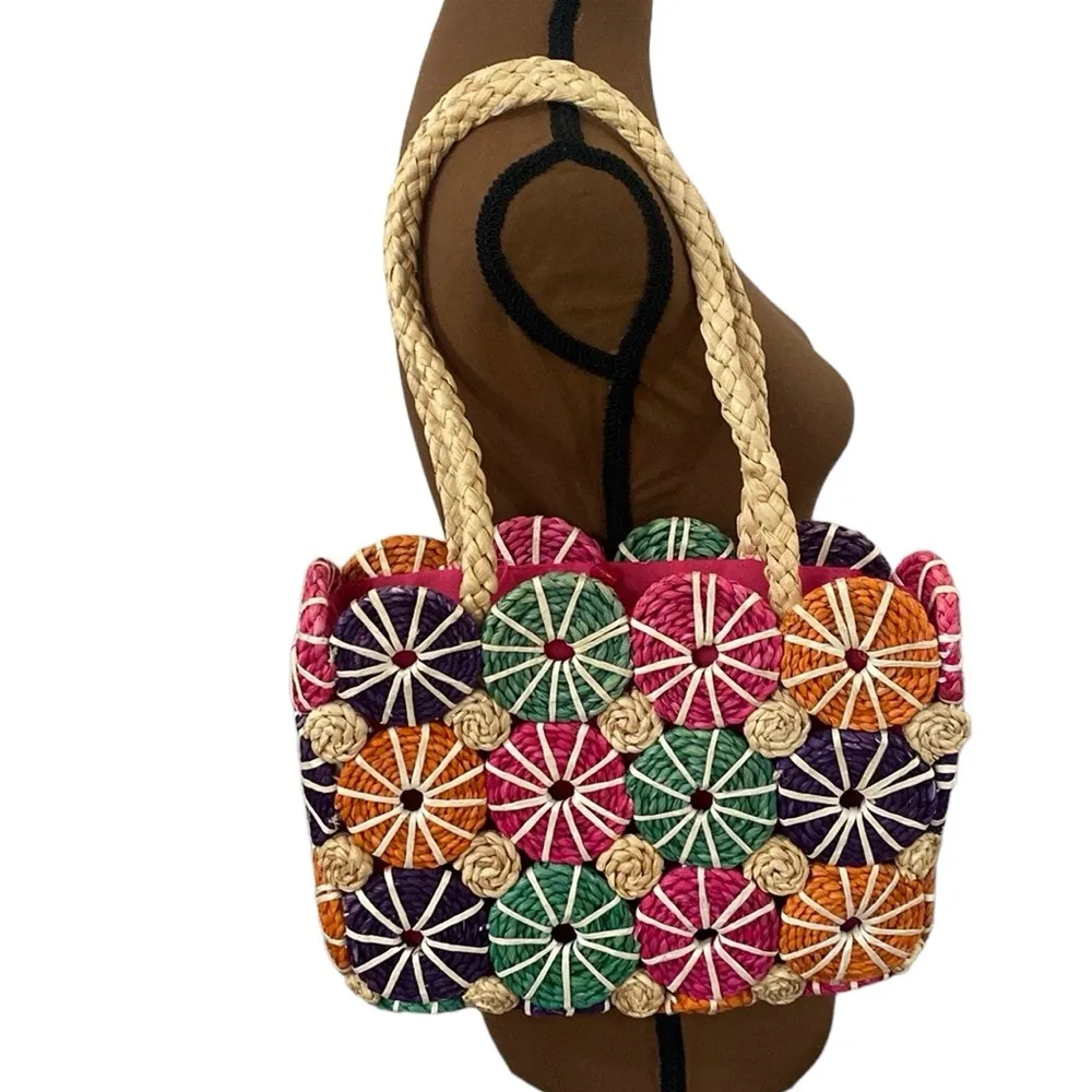 Straw colorful artisan circle pattern purse - Image 2