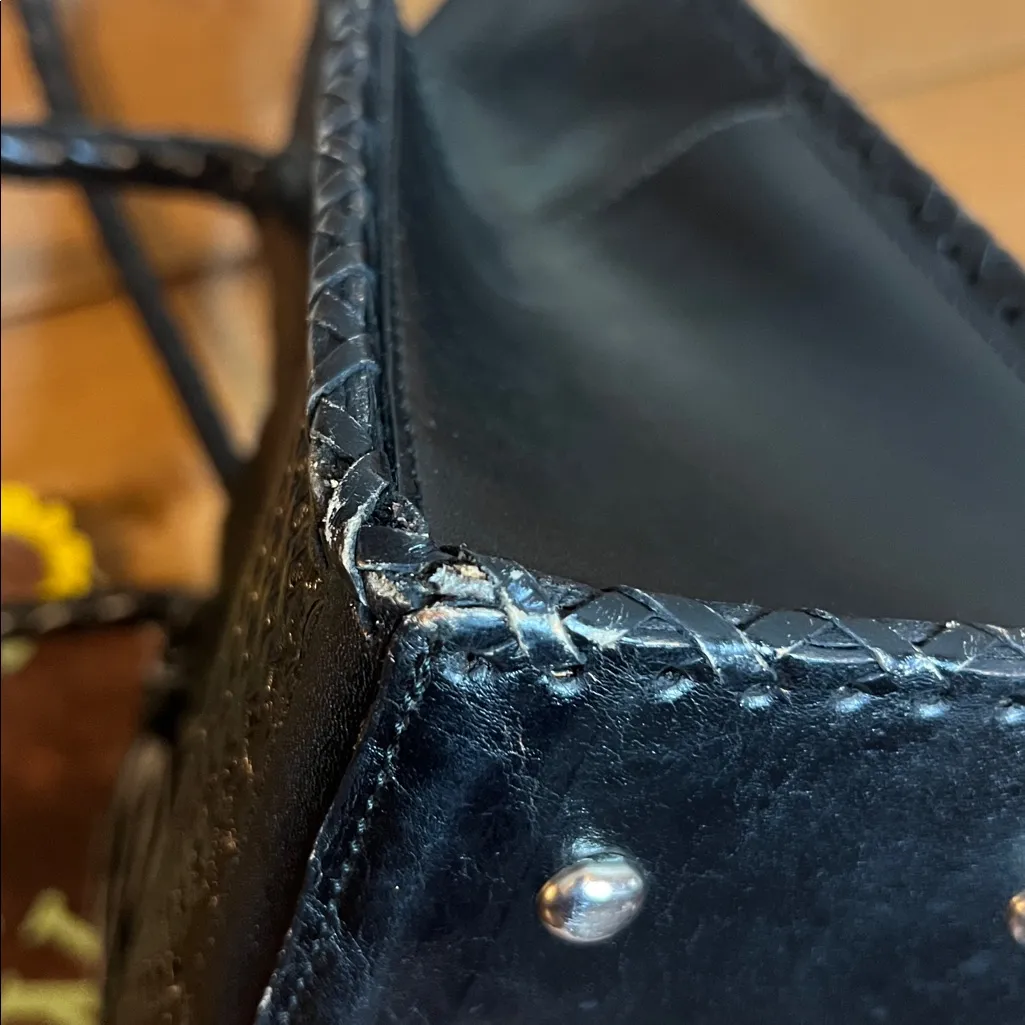 Que Chula Marcos Black Leather Handmade Woven XL Tote Purse Braid Tooled Mexico - Image 15