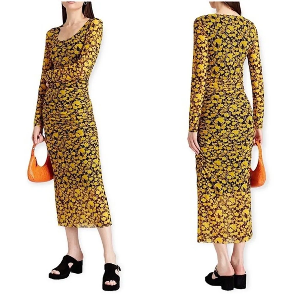 GANNI | FLORAL PRINT LONG-SLEEVE MIDI DRESS IN BLACK AND YELLOW - Image 8