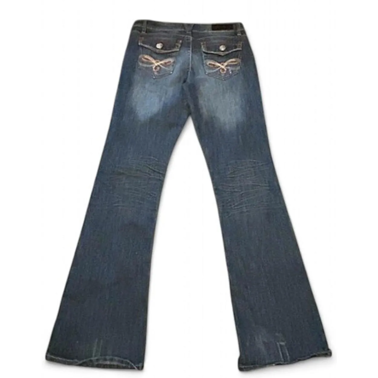 Twenty One Black Rue21 Jeans 9/10R Flare Dark Wash Distressed Embroidered‎ Blue Size 10 - Image 2