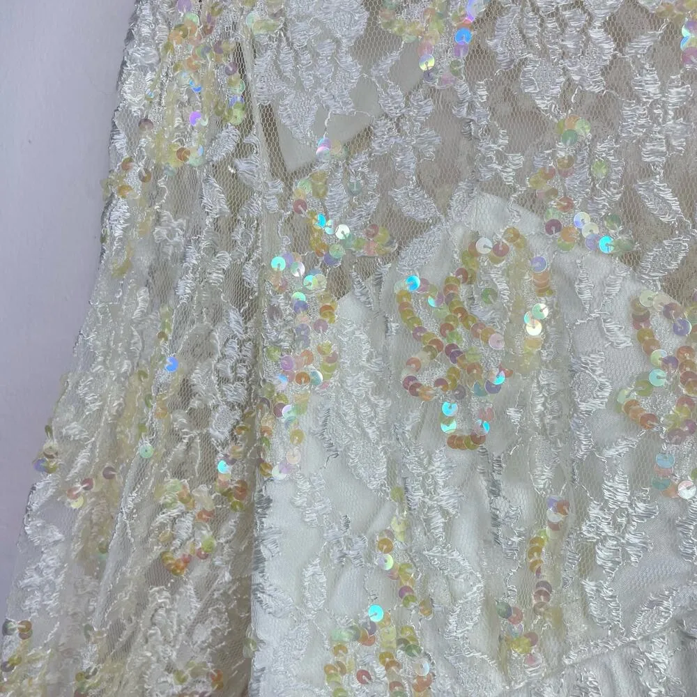 Vintage 80s 90s Marie St Claire Ivory Sequin Embroidered Lace Sheer Dress 8 new - Image 4